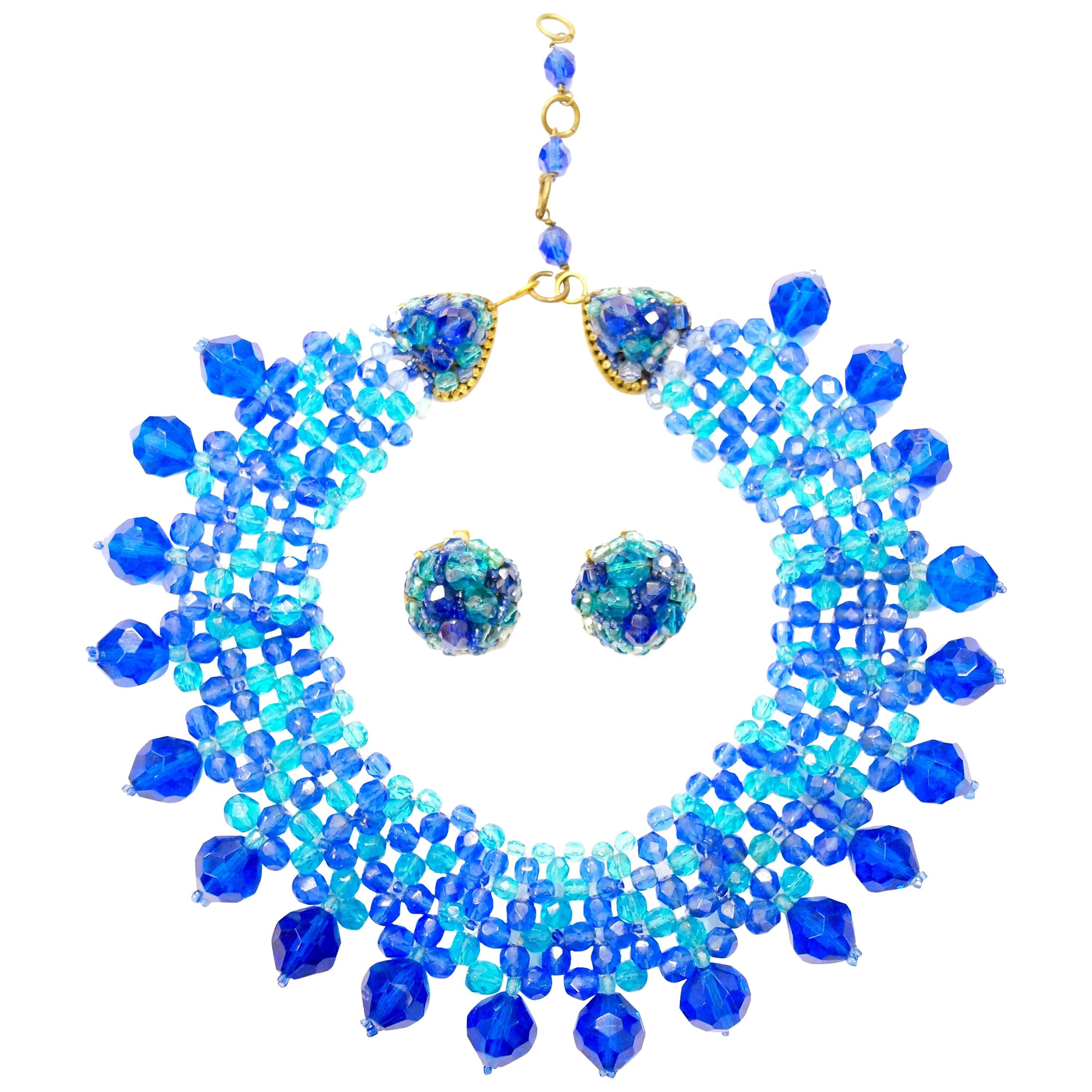  1960s Coppola e Toppo Blue Woven Crystal Necklace and Earrings For Sale