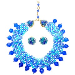 Vintage 1960s Coppola e Toppo Blue Woven Crystal Necklace and Earrings