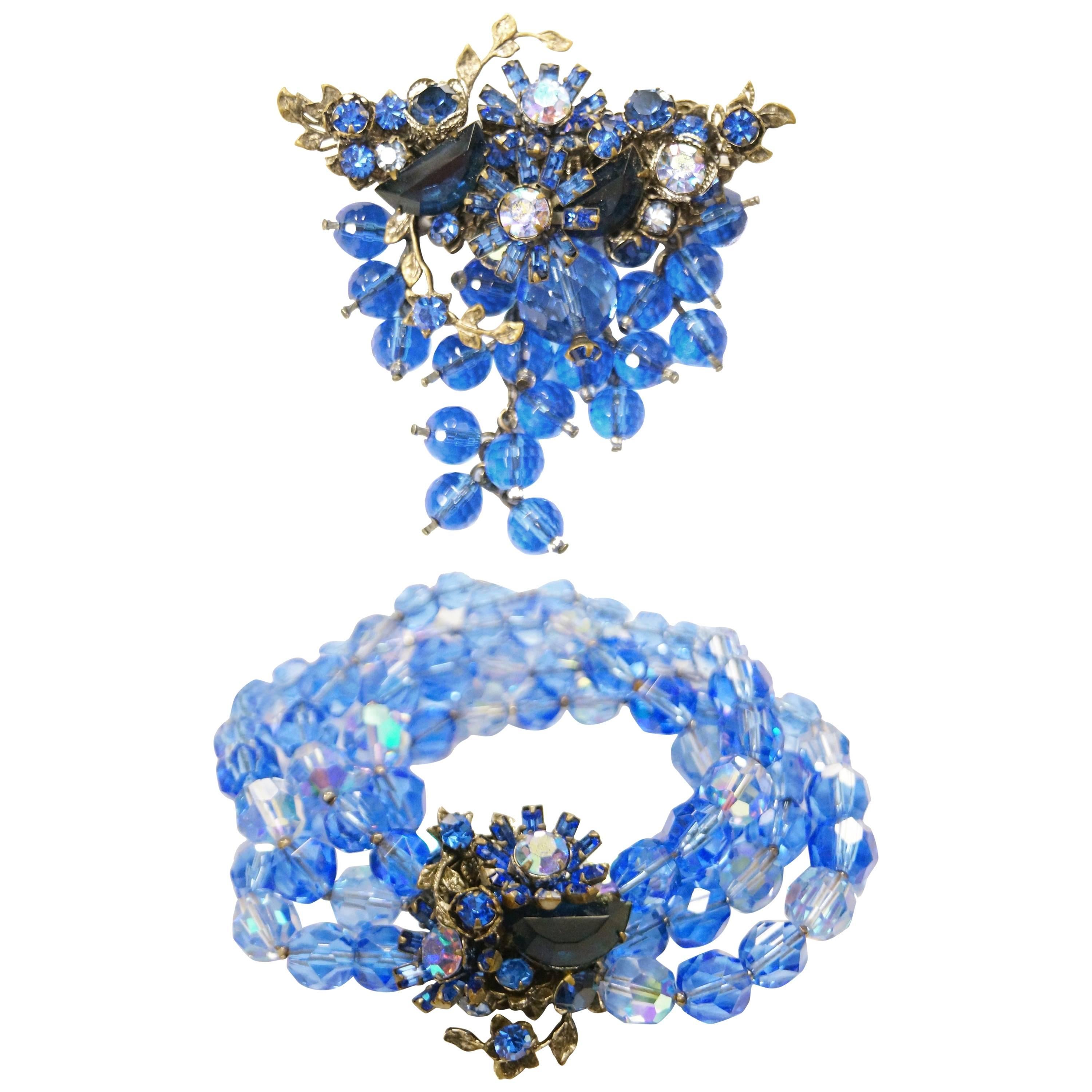 1950s DeMario Blue Beaded Floral Brooch and Bracelet Set For Sale