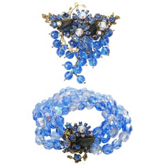 Vintage 1950s DeMario Blue Beaded Floral Brooch and Bracelet Set
