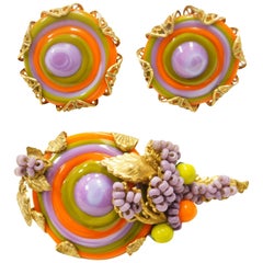 Extremely Rare 1960s Miriam Haskell Poured Glass Floral Brooch and Earrings  