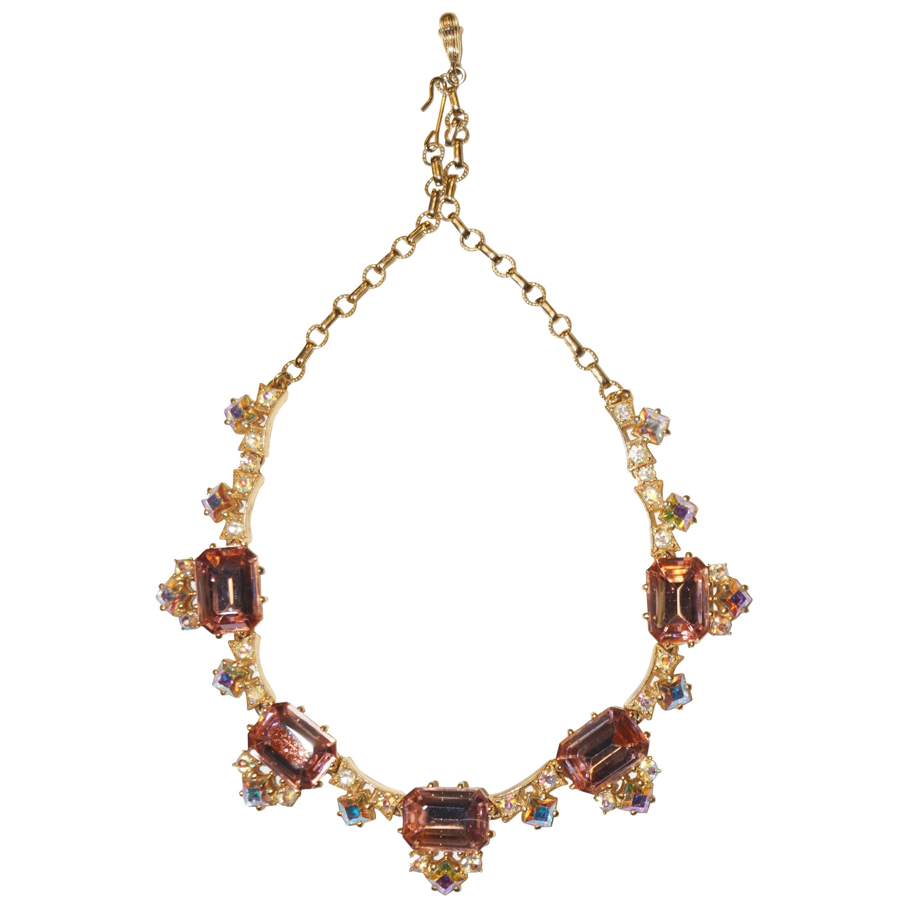 1960s Elsa Schiaparelli Iridescent Pink Rhinestone Necklace  For Sale