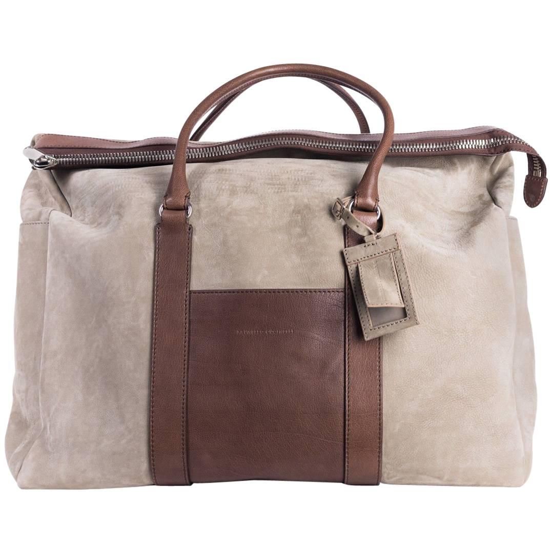 Brunello Cucinelli Men's Beige Dark Brown Weekender Bag For Sale