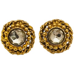 Chanel 1970s Gold with Rhinestone Button Earrings