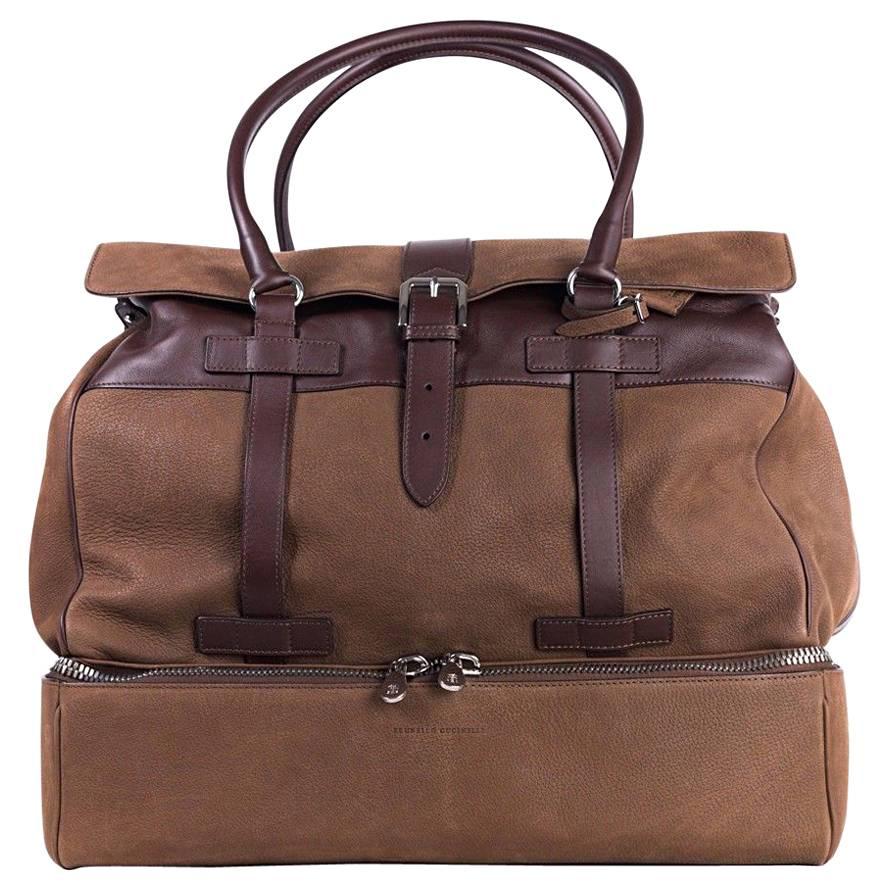 Brunello Cucinelli Men's Solid Brown Leather Weekender Bag For Sale