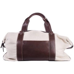 Brunello Cucinelli Beige Canvas Brown Leather Holdall Travel Bag