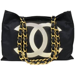 Chanel Jumbo XL Black Nylon Shoulder Shopping Tote Bag 