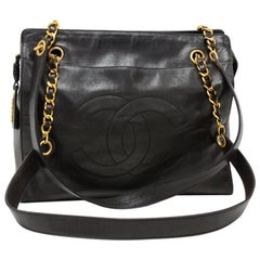 Chanel 12" CC Logo Black Leather Shoulder Tote Bag  