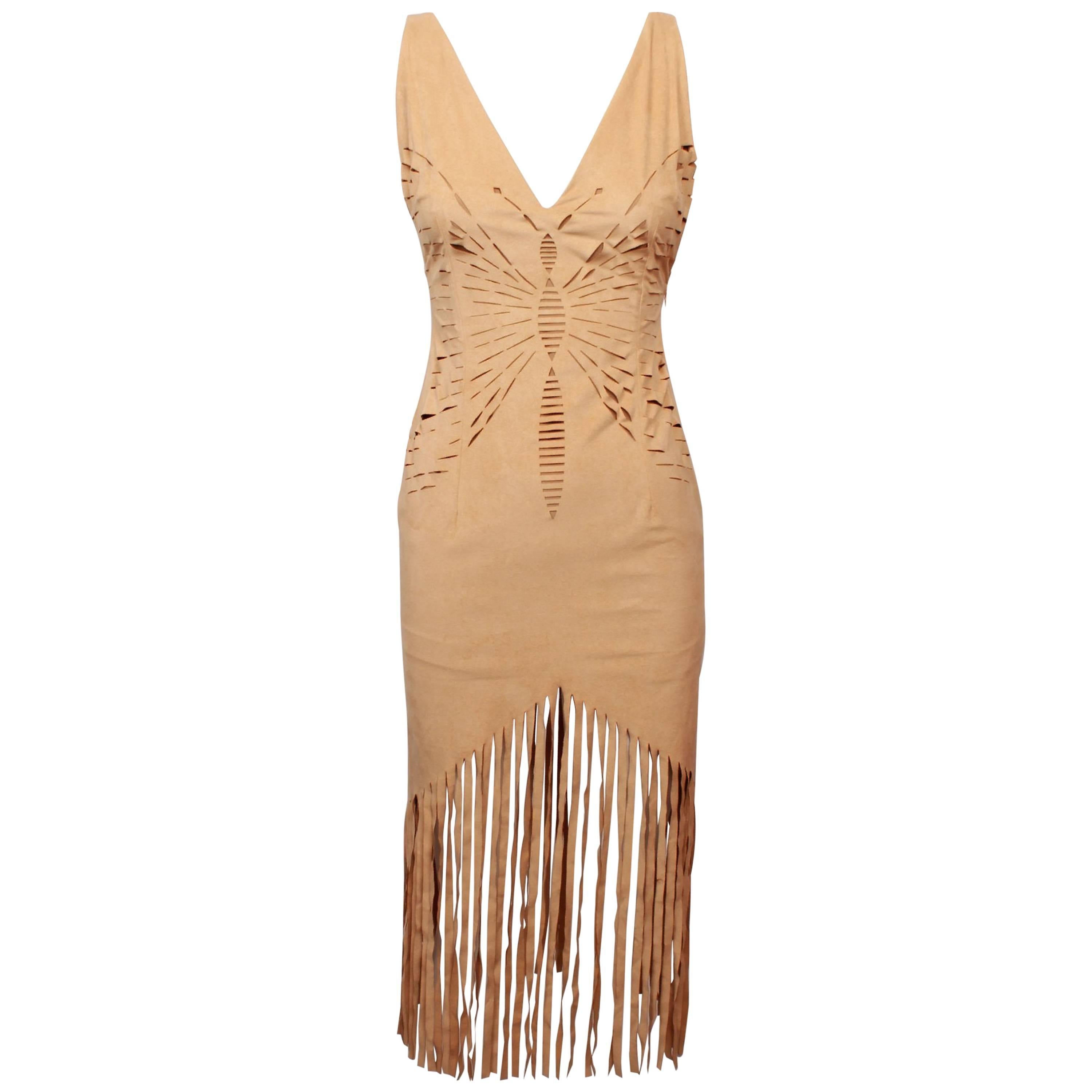 Christian Dior Beige "Suede Look" Laser Cut Butterfly Fringed Dress For Sale