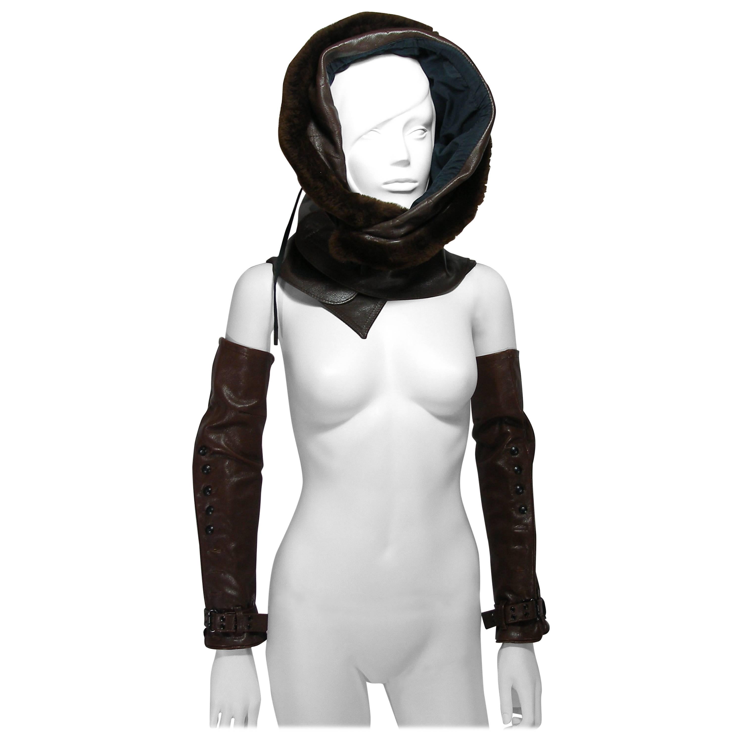 Circa 1989 Jean Paul Gaultier Vintage leather and Fake Fur set Gloves and Hood