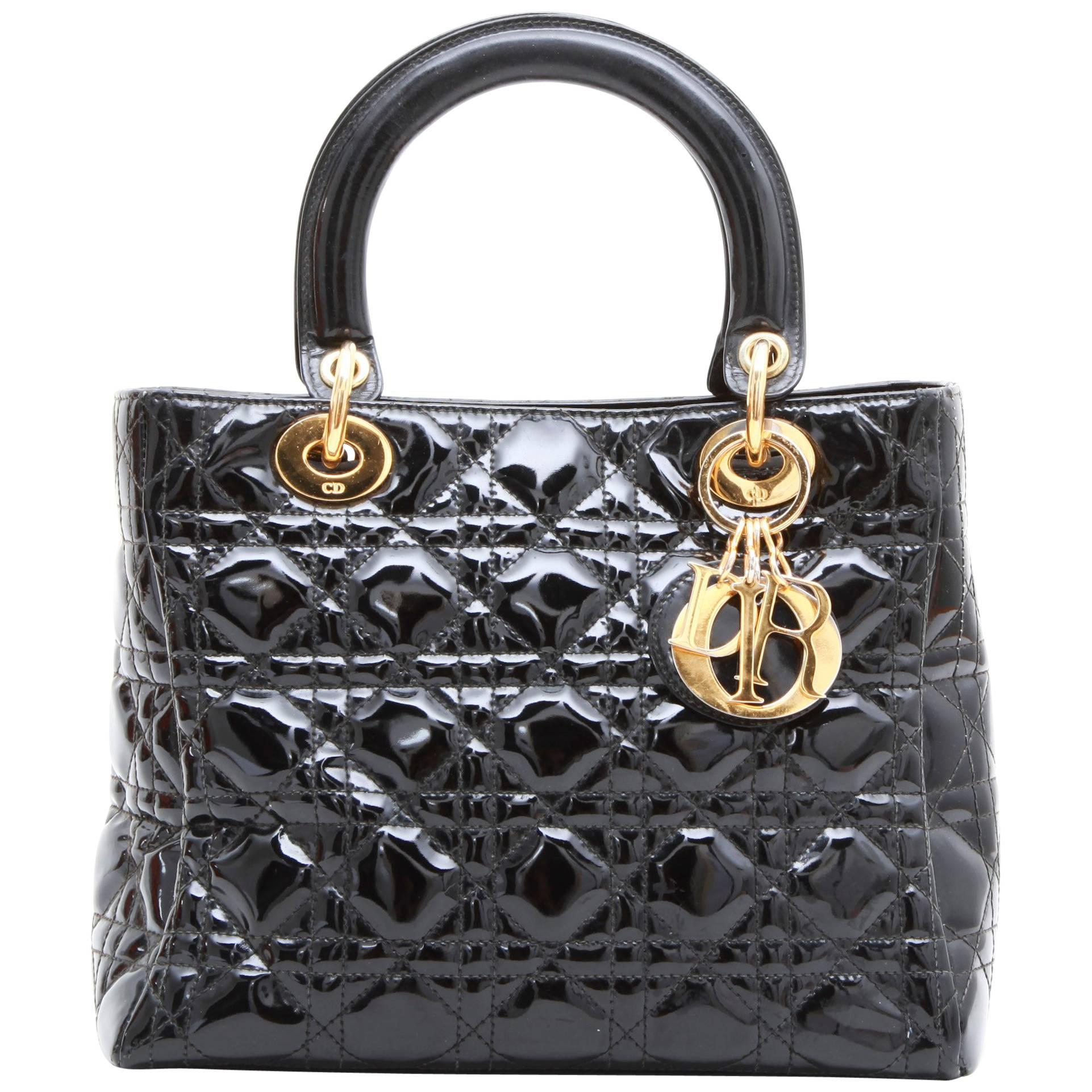 CHRISTIAN DIOR 'Lady Dior' Vintage Handbag in Black Patent Leather