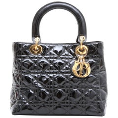 CHRISTIAN DIOR 'Lady Dior' Vintage Handbag in Black Patent Leather