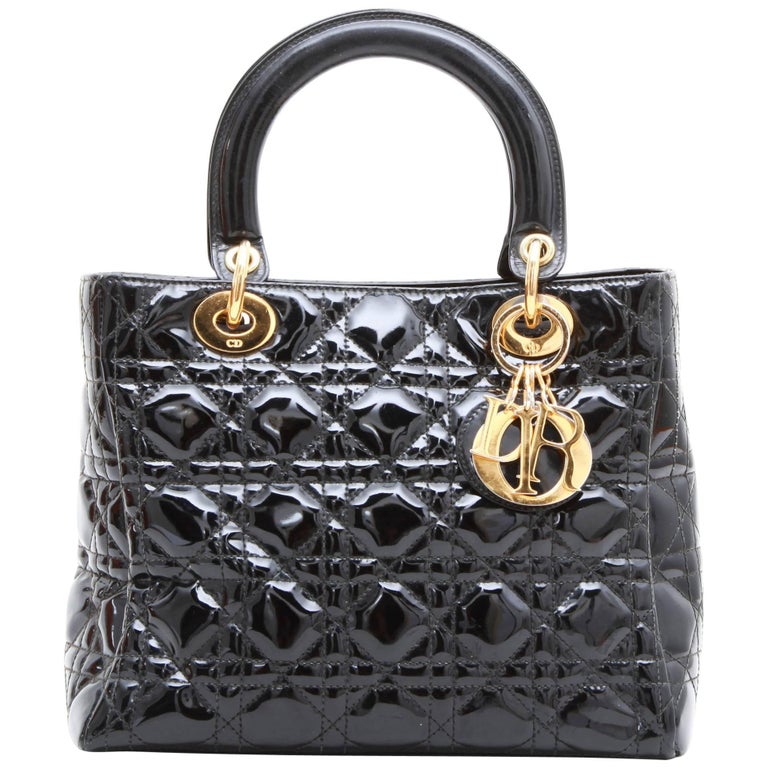 CHRISTIAN DIOR 'Lady Dior' Vintage Handbag in Black Patent Leather at