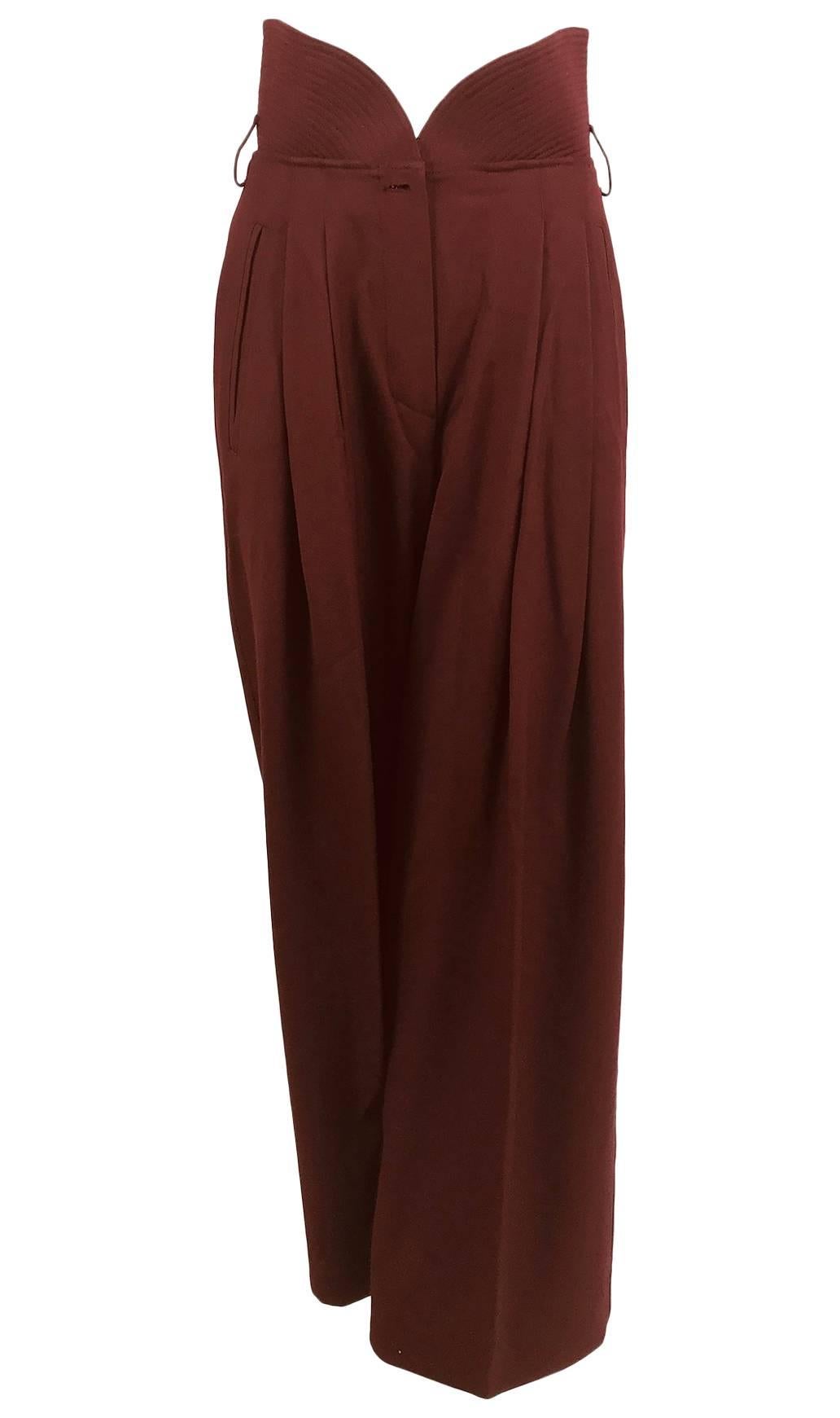 Claude Montana Shaped quilted high waist trouser Burgundy wool gabardine 1980s