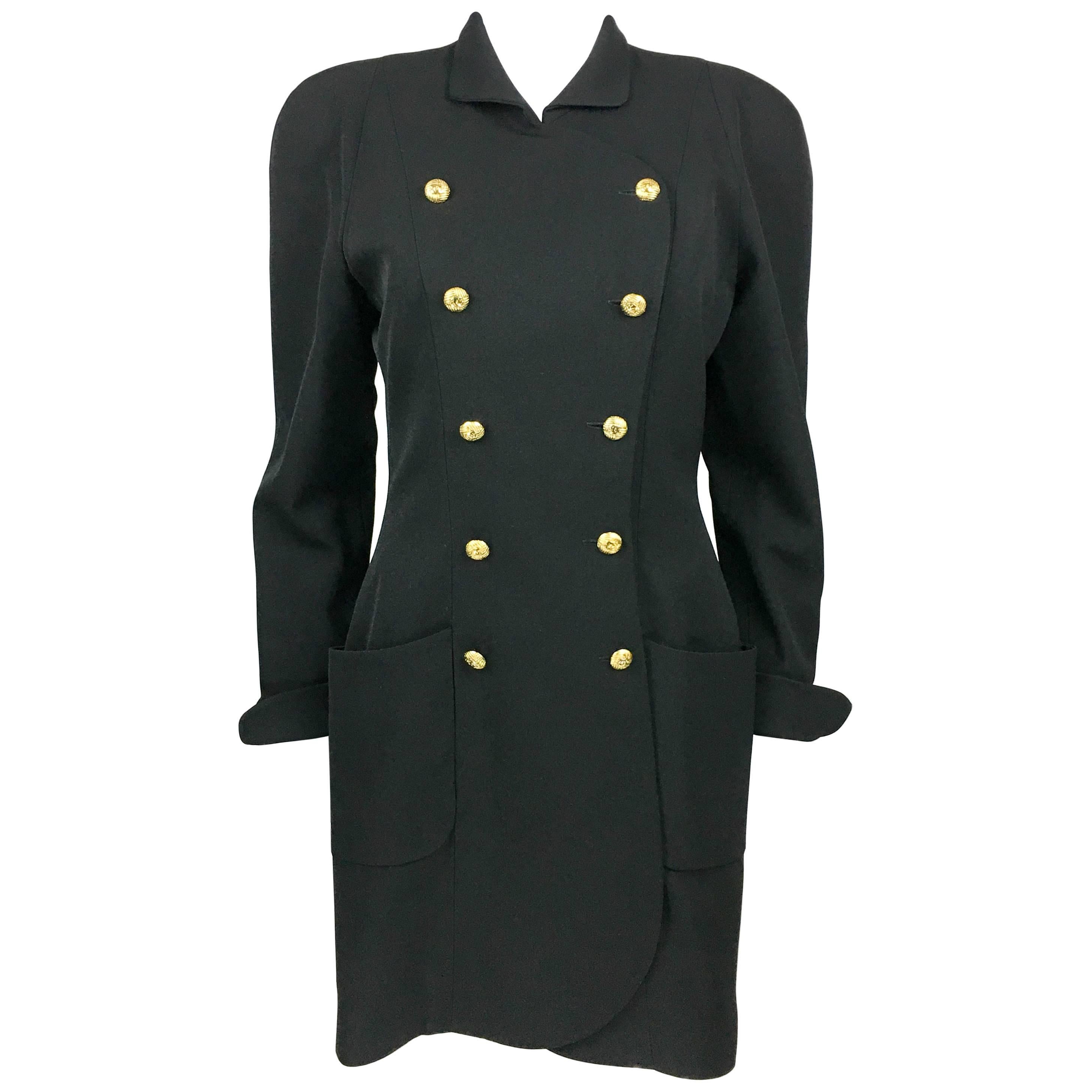 1990s Chanel Black Wool Dress / Coat With Gilt Logo Buttons For Sale