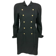 Retro 1990s Chanel Black Wool Dress / Coat With Gilt Logo Buttons