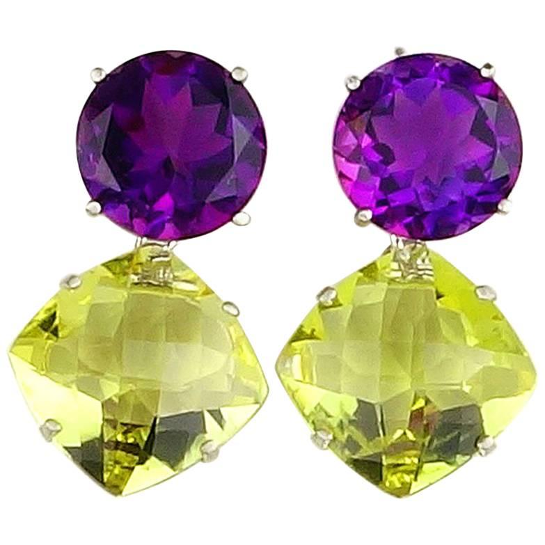 8 Carats of Amethyst and 12 Carats of Champagne Quartz Sterling Silver Earrings