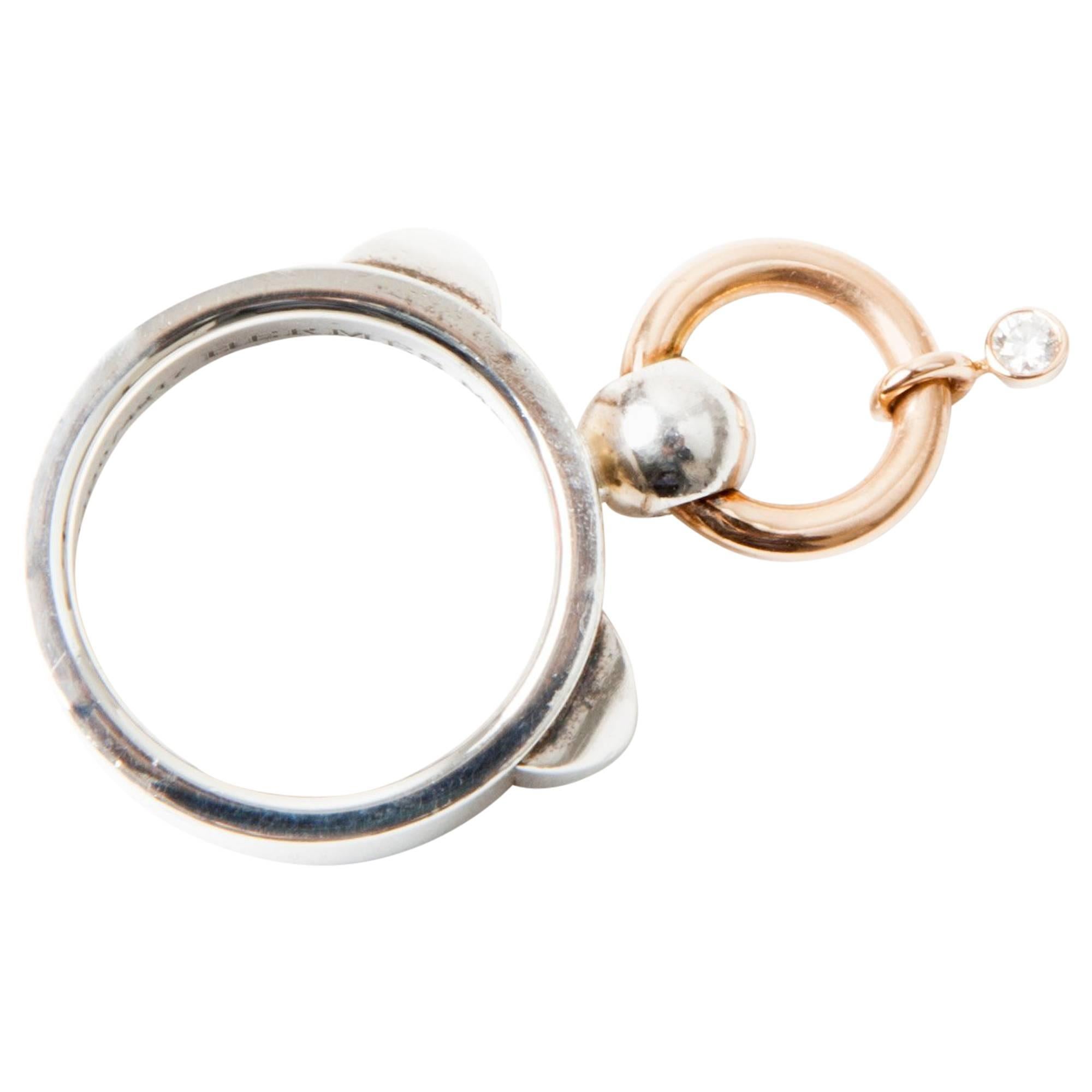 HERMES Ring, Collier de Chien, in Sterling Silver, Gold and Diamond. Size 54 EU For Sale