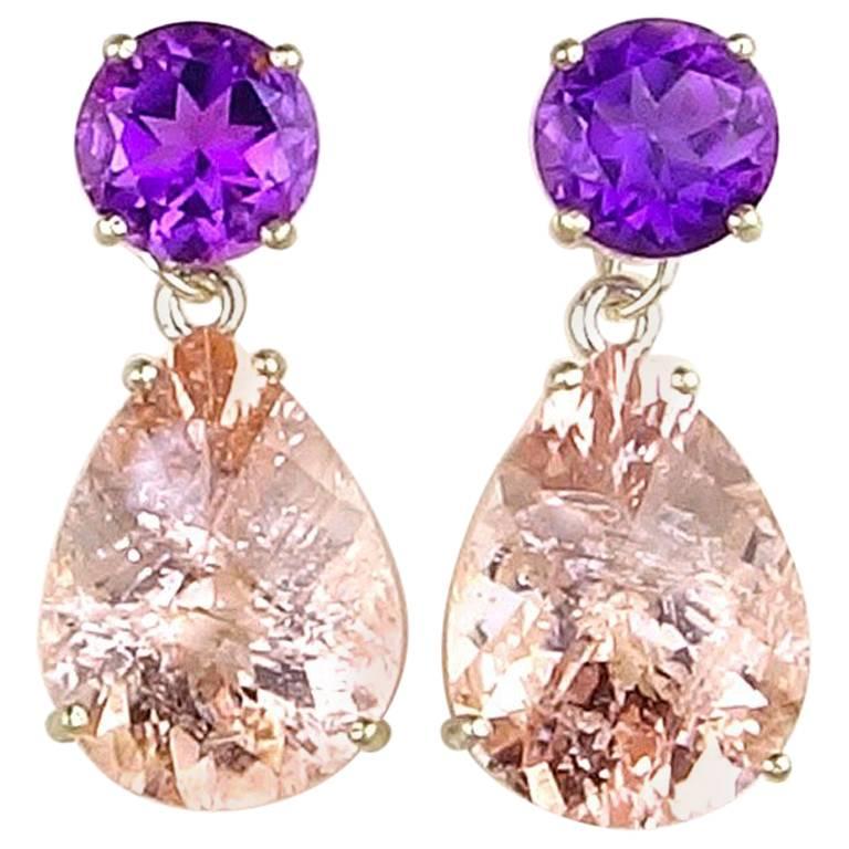 Unique3.62 Carats Amethysts & 15.16 Carats of Morganite Sterling Silver Earrings