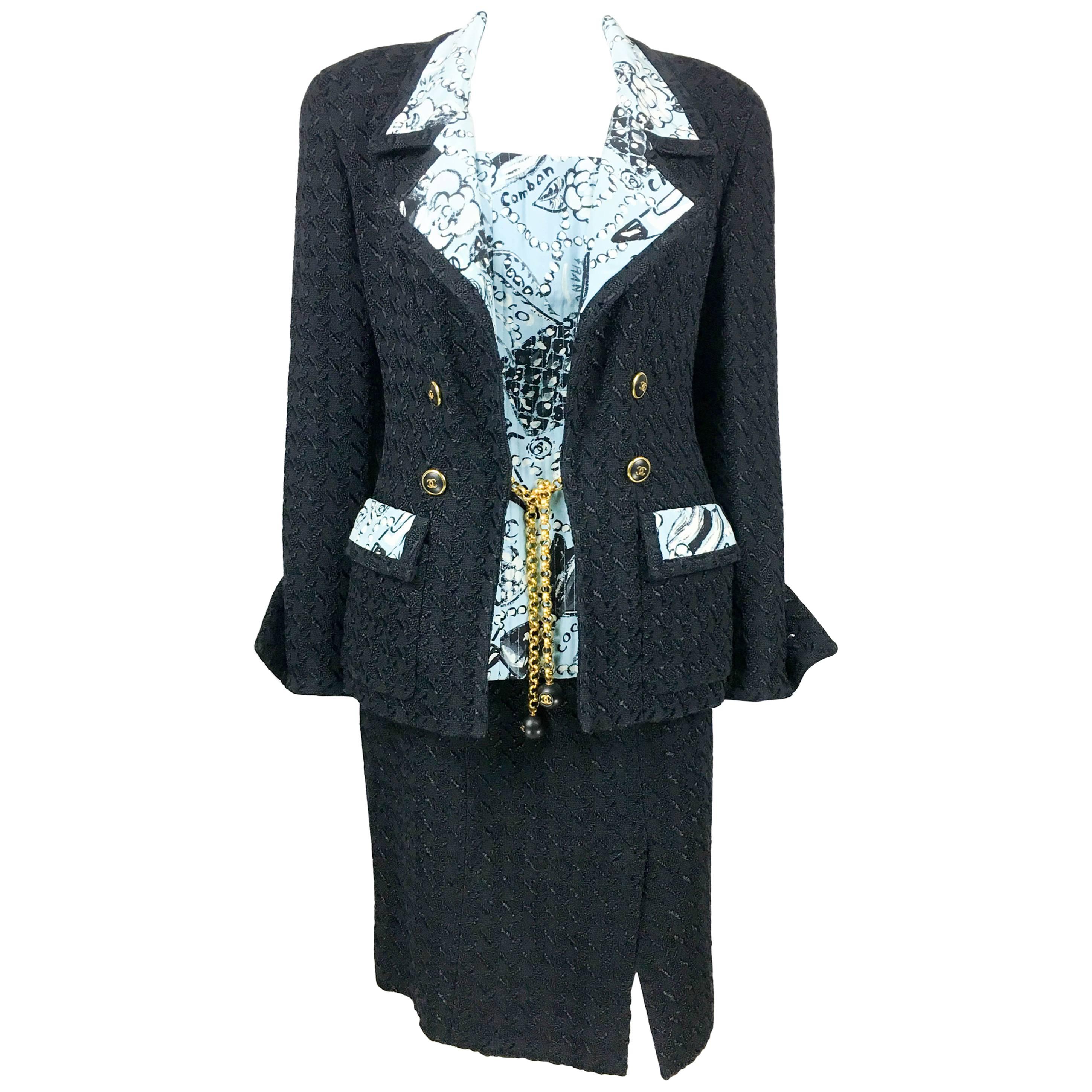 1993 Chanel Black Boucle and Novelty-Print Silk 3-Piece Ensemble For Sale