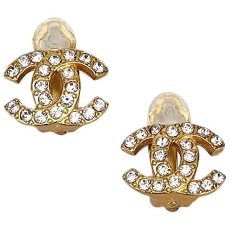 Chanel Gold Crystal Logo Clip-On Earrings
