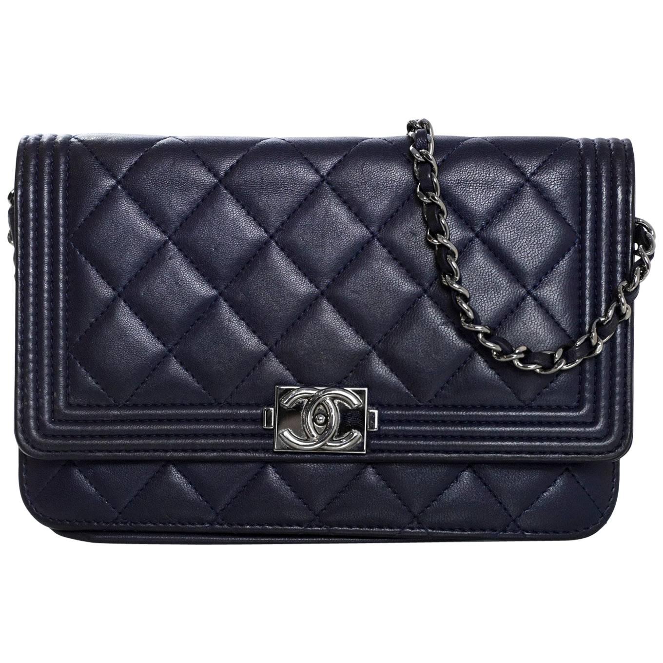 Chanel Navy Quilted Lambskin Boy Wallet On Chain WOC Bag