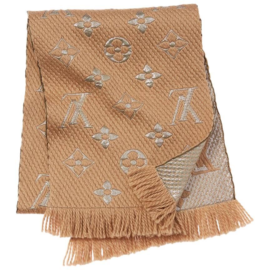 Monogram Logomania Scarf Shawl Wrap Wool Silk Large Brown