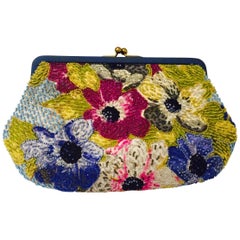 Vintage Pirovano Floral Embroidered Frame Clutch With Satin Lining and Kiss Lock