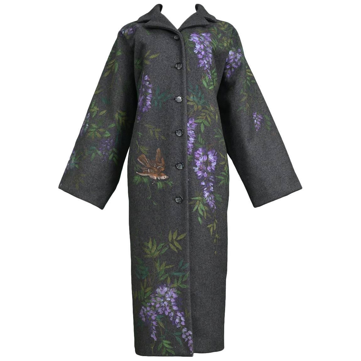 Vintage Dolce & Gabbana Hand-painted Flowers + Birds Wool Kimono Coat 1998
