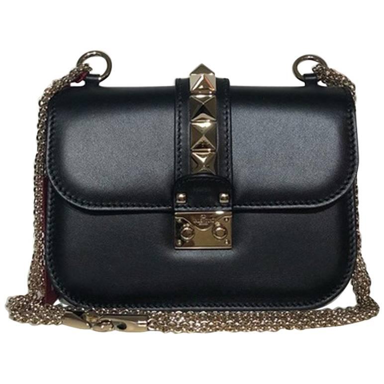 Valentino Glam Lock Leather Shoulder Bag Black