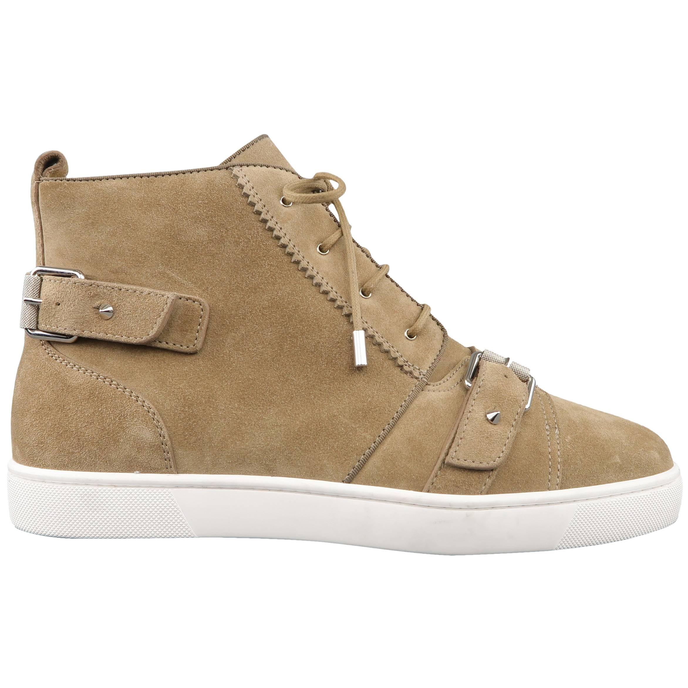 Men's CHRISTIAN LOUBOUTIN 11 Taupe Suede Buckle Strap NONO High Top Sneakers