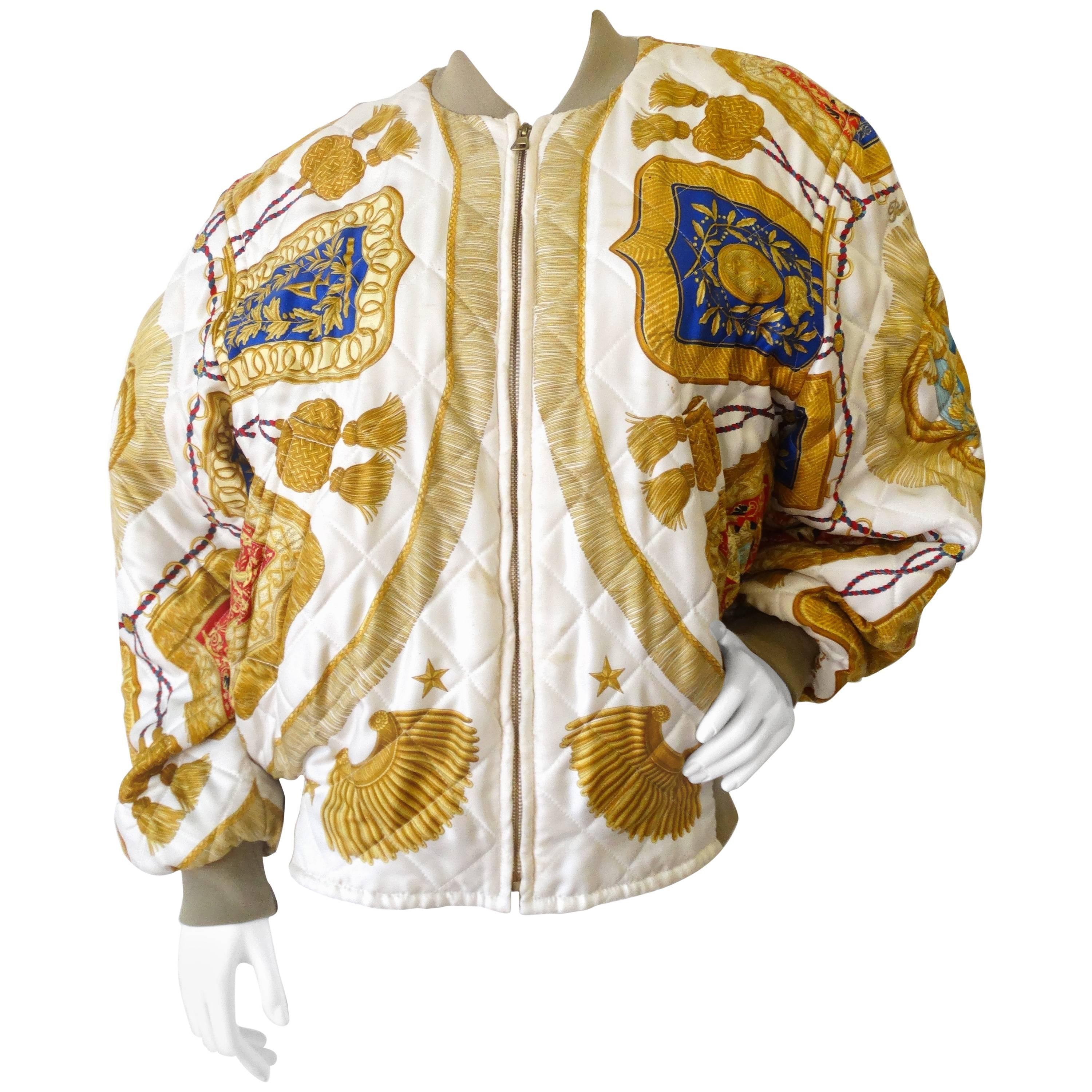 1980s Hermes Silk Scarf Poste Et Cavalerie Reversible Bomber Jacket 