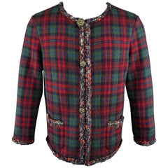 CHANEL Size 14 Red & Green Plaid Cashmere Braided Trim Byzantine Button Jacket
