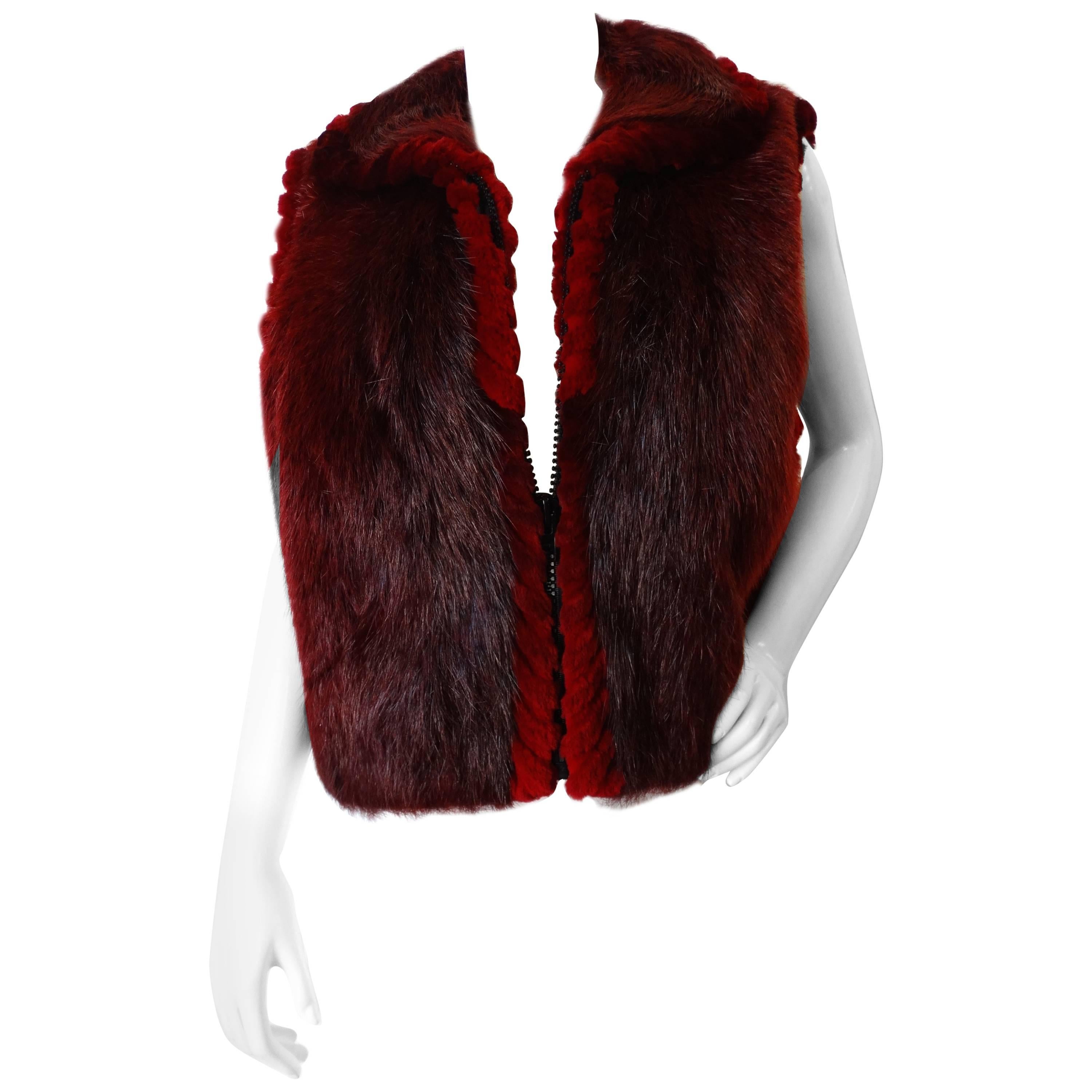 1990s David Green Red Beaver Fur Zip Up Vest 
