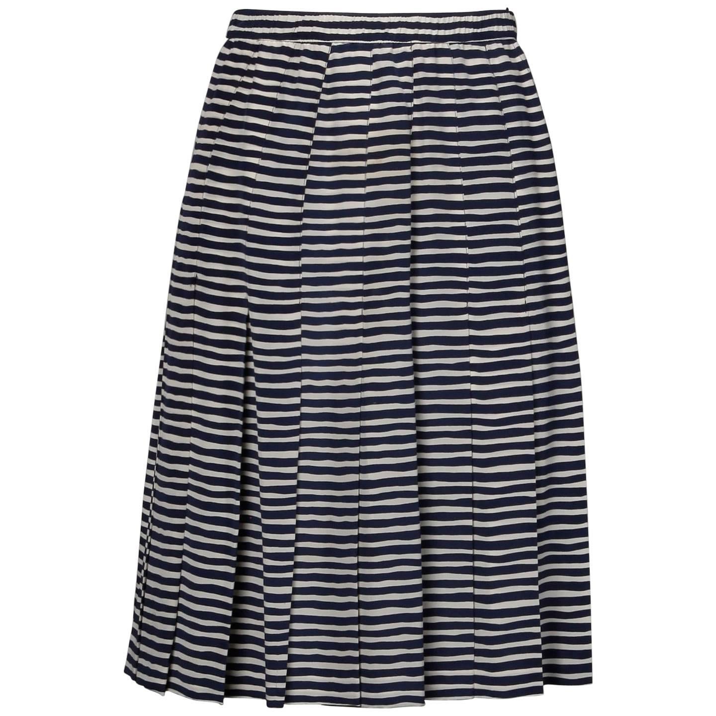 Adolfo Vintage Navy Blue + White Striped Silk Pleated Skirt