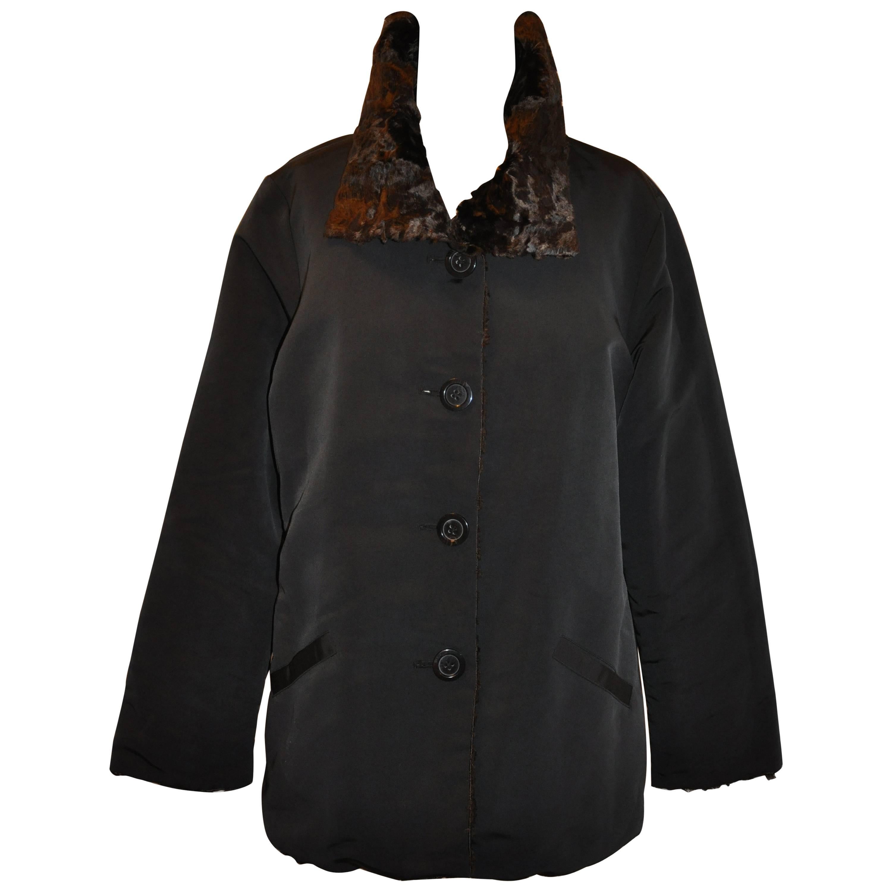 Reversible Black Silk and Cocoa Brown Faux Fur Button Evening Jacket