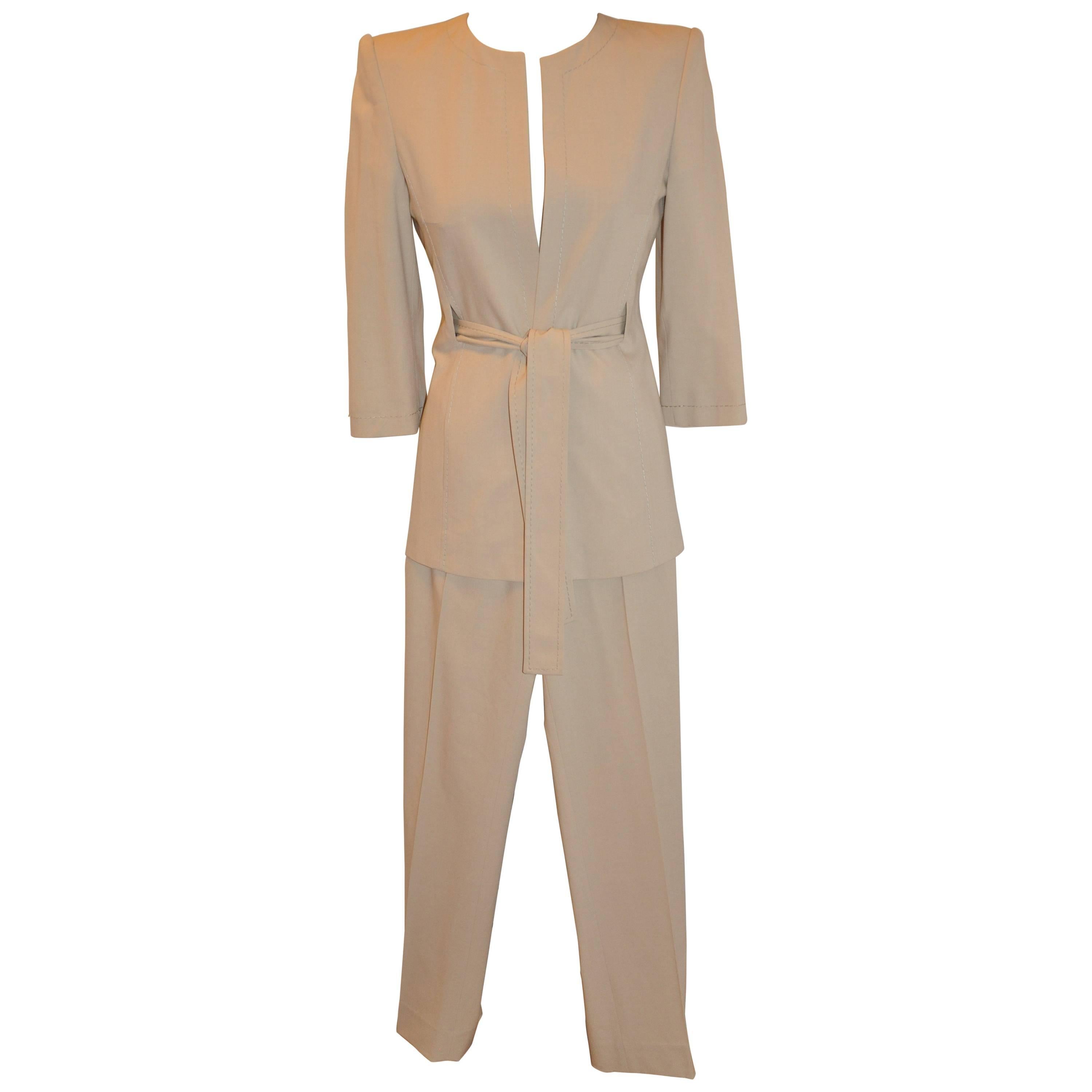 Gianfranco Ferre Silk Beige Tapered Pantsuit with Three-Quarter Sleeves For Sale
