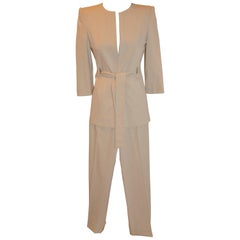 Gianfranco Ferre Silk Beige Tapered Pantsuit with Three-Quarter Sleeves