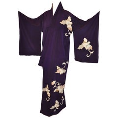 Retro Japanese Deep Plum Accented with Geometric Floral Silk Kimono