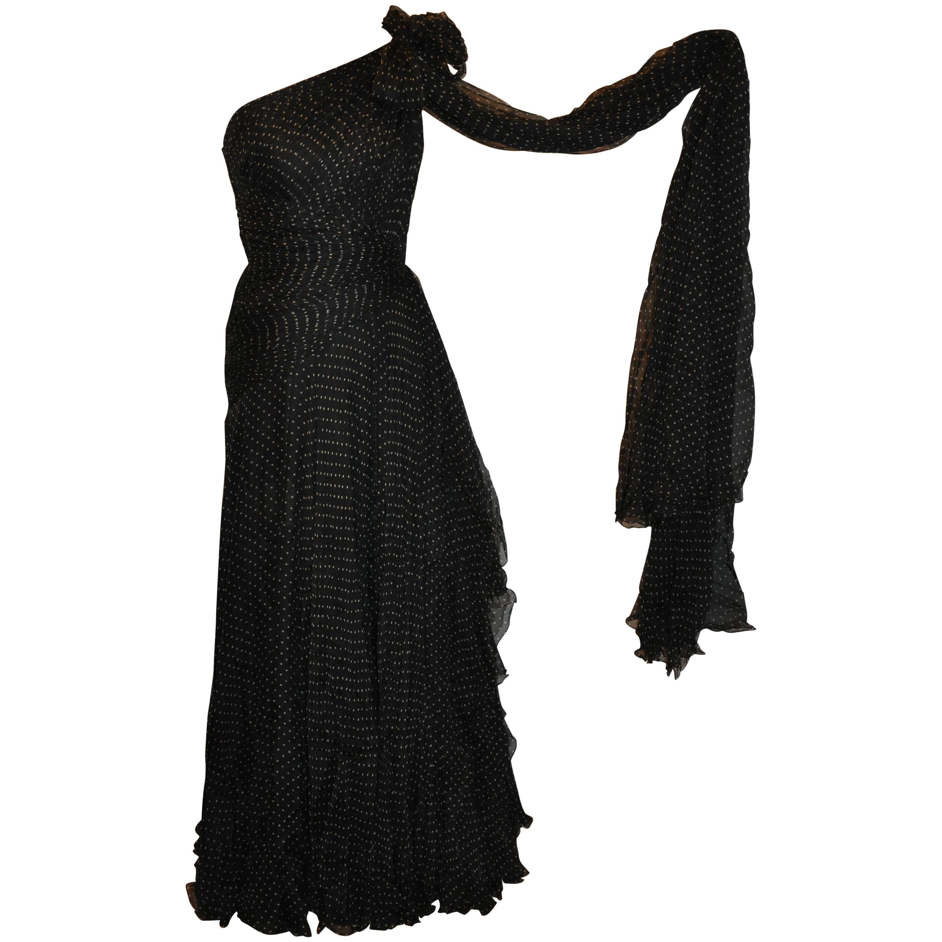 Georgio Armani Multi-Layered Black Polka Dot Silk Chiffon & Train Cocktail Gown For Sale