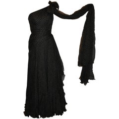 Vintage Georgio Armani Multi-Layered Black Polka Dot Silk Chiffon & Train Cocktail Gown