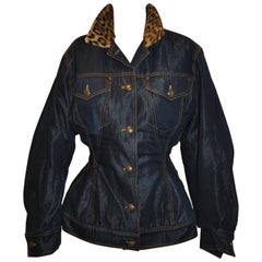 Retro Rare Jean Paul Gaultier Sculpted Denim Jacket with Leopard Collar Button Jacket