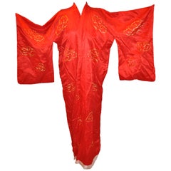 Vintage Bold Imperial Red Silk Accented with Huge "Dragon" Japanese Kimono 