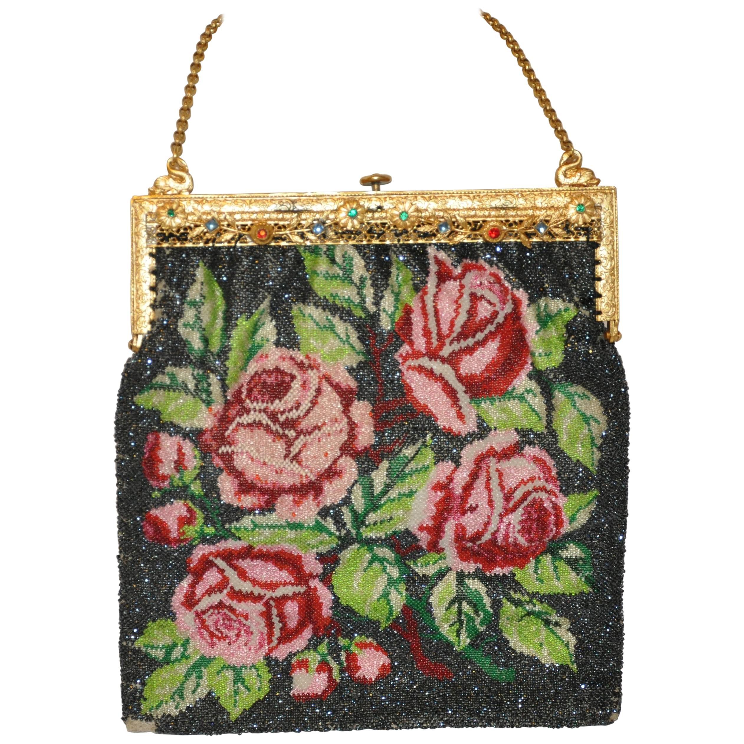 Gilded Etched Gold Tone Hardware Frame Micro Beaded "Roses" Handbag For Sale