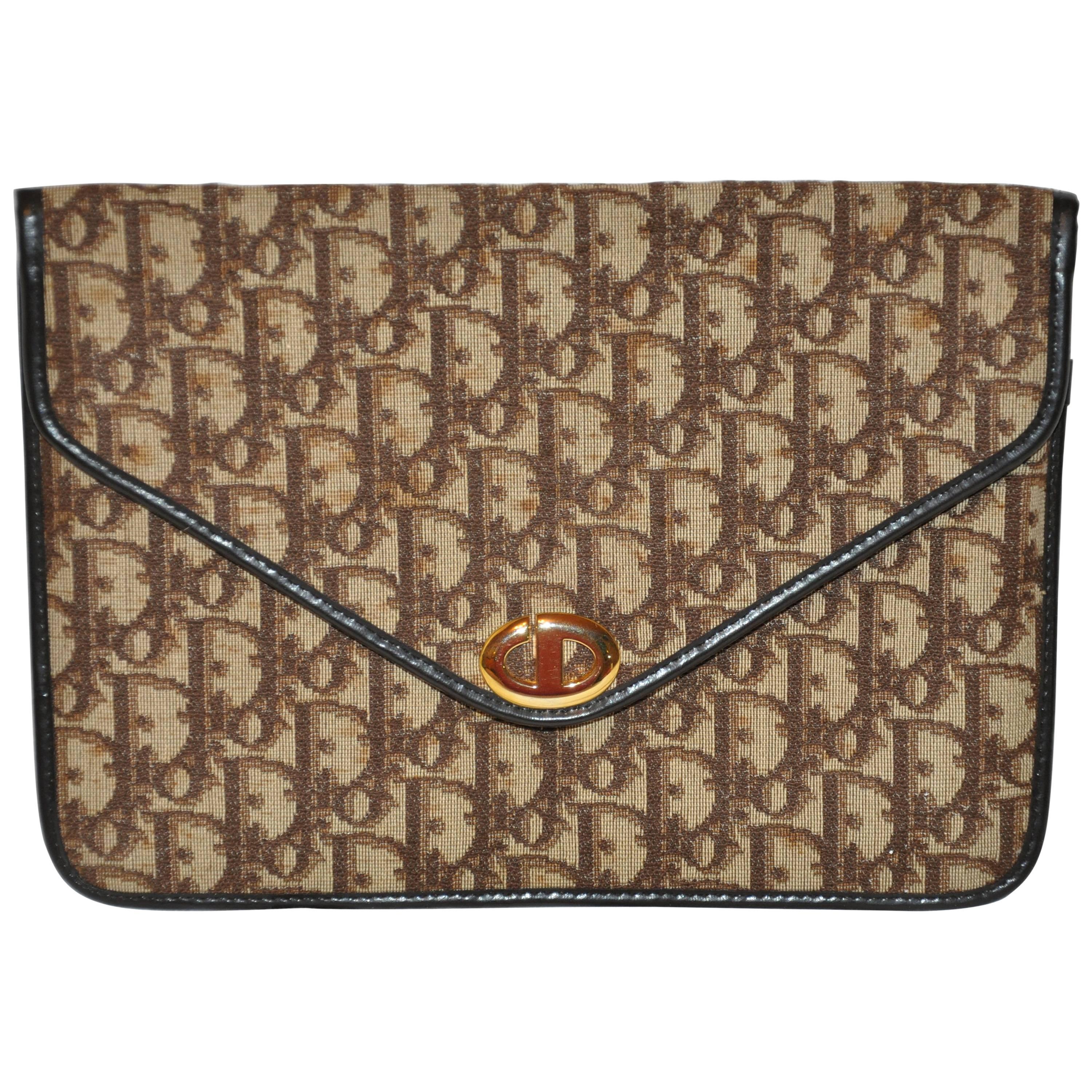 Christian Dior Signature Brown Canvas Clutch with Coco Brown Calfskin Logo 
