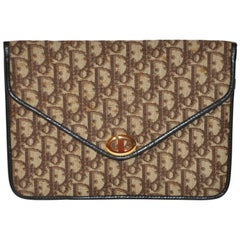 Retro Christian Dior Signature Brown Canvas Clutch with Coco Brown Calfskin Logo 