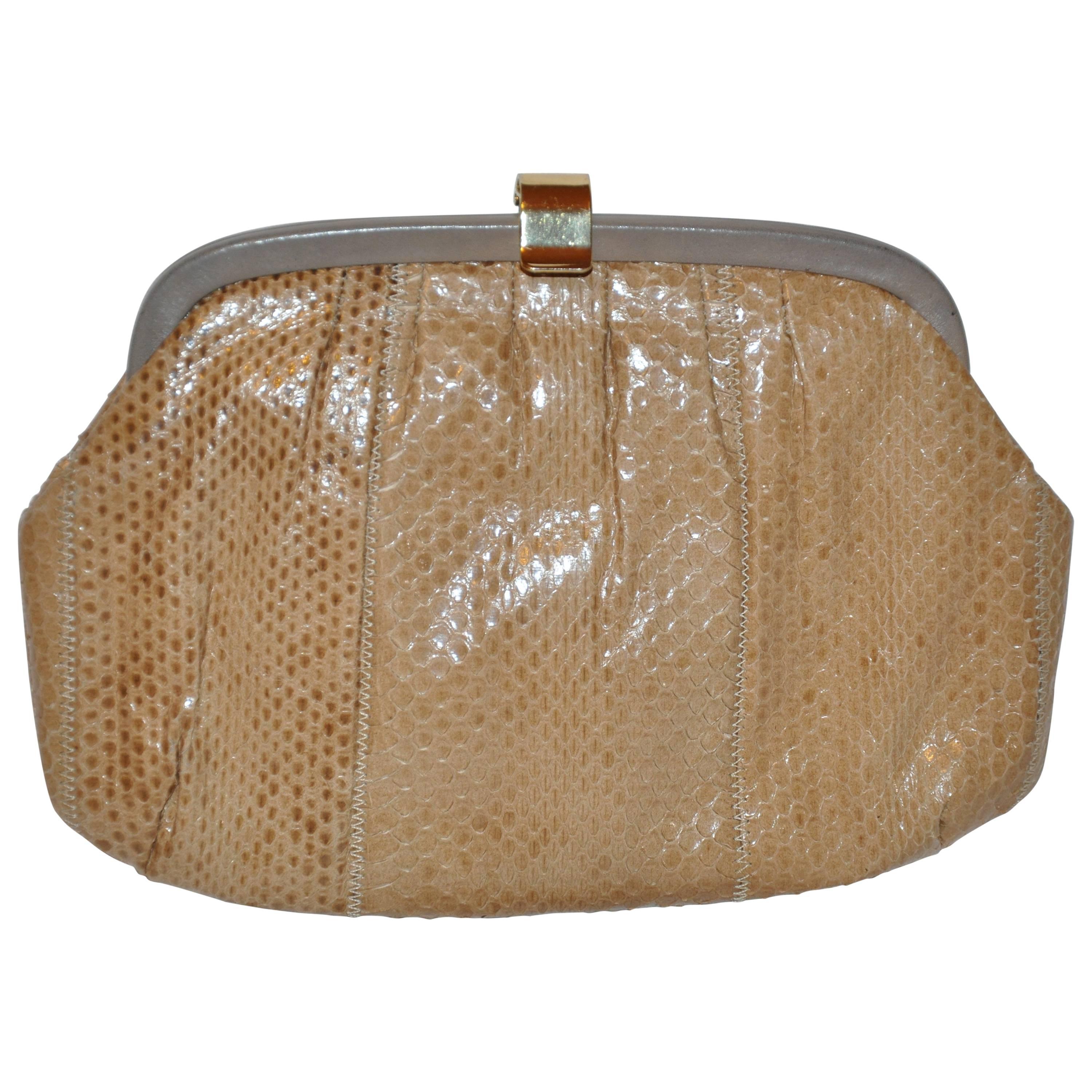 Palizzio of Italy Tan Snake with Gray Calfskin Accent Clutch