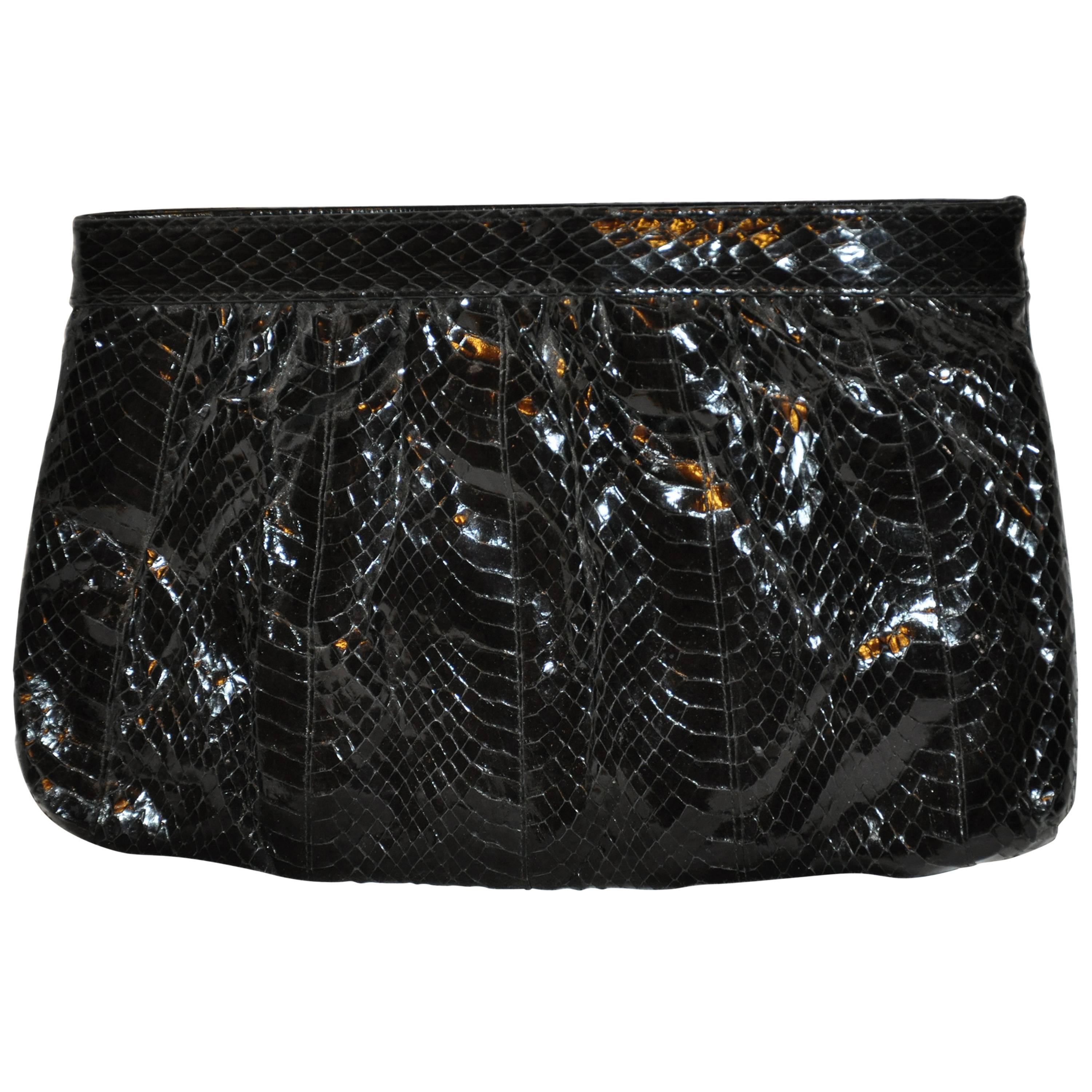 Saks Fifth Avenue Polished Black Snake Evening Clutch and Shoulder Bag