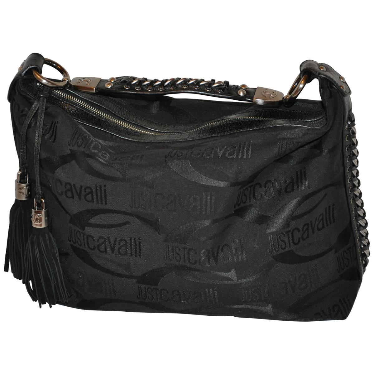 Roberto Cavalli Signature Logo with Hand-Woven and Fringe Pom-Pom Handbag
