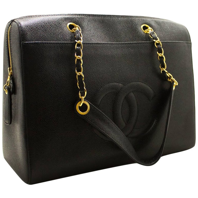 CHANEL Caviar Jumbo Large Chain Shoulder Bag Black Gold Zipper CC For ...